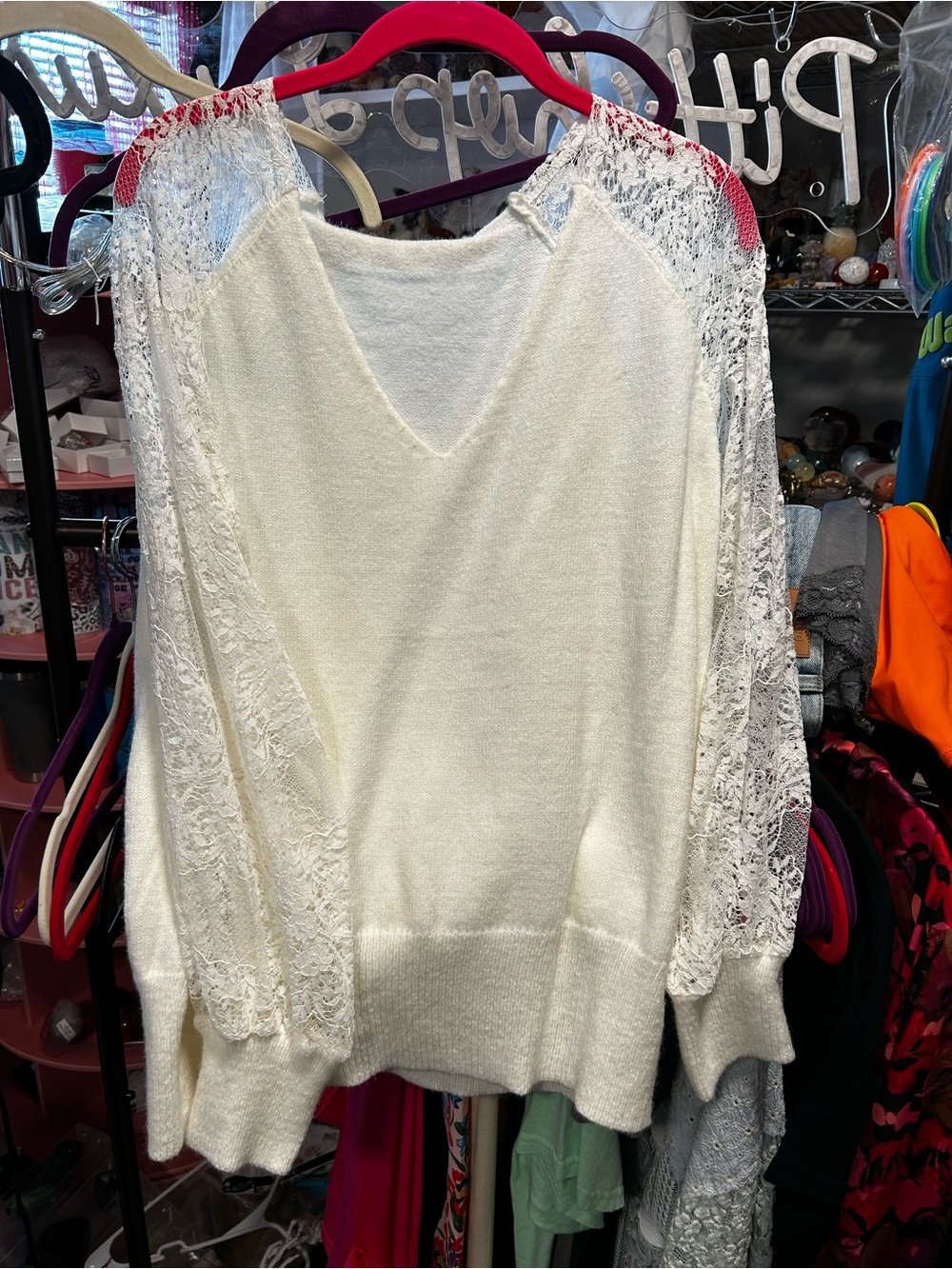 Source Unknown Cream V-Neck Sweater with Lace Sleeves